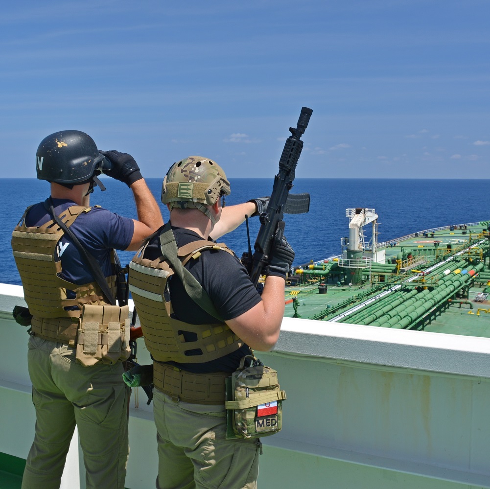 Armed security on a cargo ship in the Red Sea.